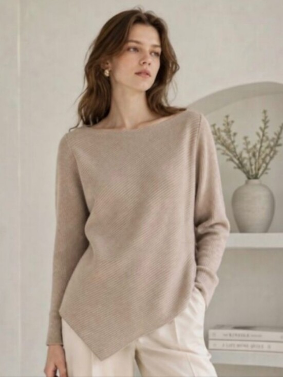 Goelia Sweaters - NWT Goelia Women’s XL Ribbed Boat Neck Sweater Beige Asymmetrical Hem